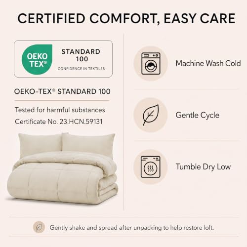 CozyLux Queen Comforter Set Beige - 7 Pieces Bed in a Bag | OEKO-TEX Certified, All-Season, Bedroom, Guest Room, Down-Alternative Comforter + Flat &amp; Fitted Sheets + 4 Pillowcases