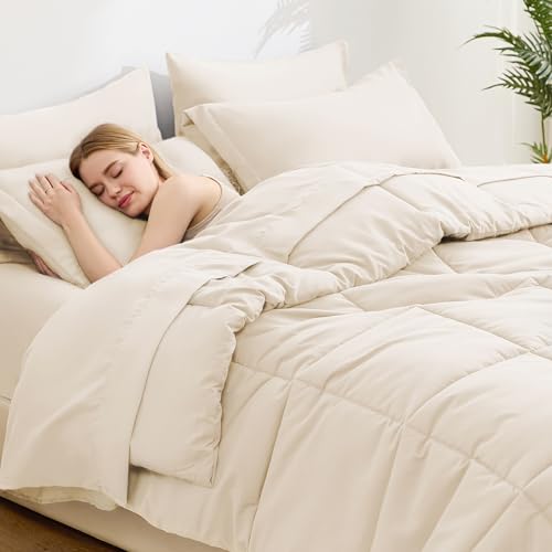 Love's cabin Queen Comforter Set, 7 Pieces Bed in a Bag, Beige | OEKO-TEX Certified, All-Season, 1 Down-Alternative Comforter + 1 Flat &amp; Fitted Sheets + 2 Pillowcases + 2 Pillow Shams