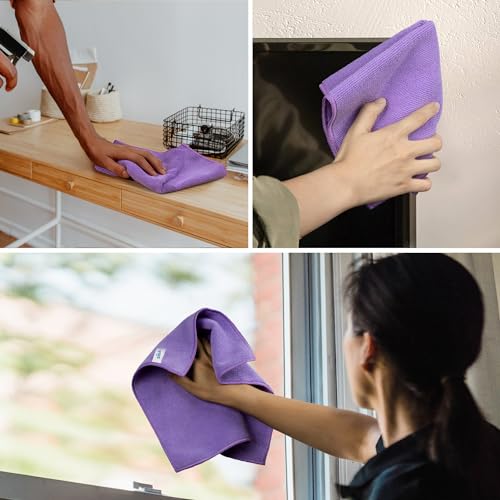 MR.SIGA Microfiber Cleaning Cloths, Streak Free Microfiber Towels, 12 Pack | All-purpose microfiber cloths, ultra absorbent, reusable household cleaning towels, Purple, 32 x 32 cm(12.6 x 12.6 inch)