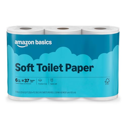 Amazon Basics 2-Ply Soft Toilet Paper, 6 Rolls, 350 Sheets per Roll, Equivalent to 37 Regular Rolls, Septic Safe