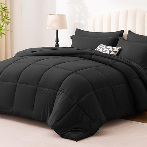 Love's cabin Queen Comforter Set, 7 Pieces Bed in a Bag, Black | OEKO-TEX Certified, All-Season, 1 Down-Alternative Comforter + 1 Flat &amp; Fitted Sheets + 2 Pillowcases + 2 Pillow Shams