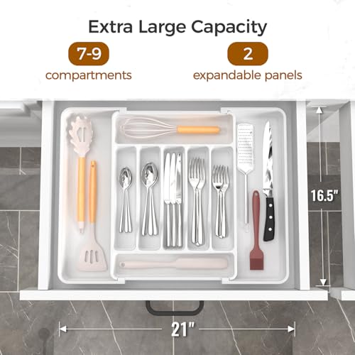 ukeetap Extra Large Expandable Silverware Organizer, Flatware Tray,White | BPA-Free Food-Safe Kitchen Utensil Cutlery Drawer Organizer, Adjustable Silverware Holder for Spoons Forks Knives