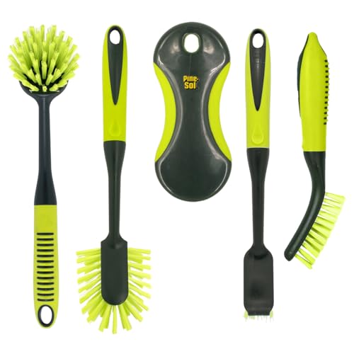 Pine-Sol Scrub Brush Set - Long Handle Cleaning Brushes with Heavy Duty Bristles and Comfort Grip - Scrubbers for Kitchen, Household, and Dishwashing, 5 Pieces