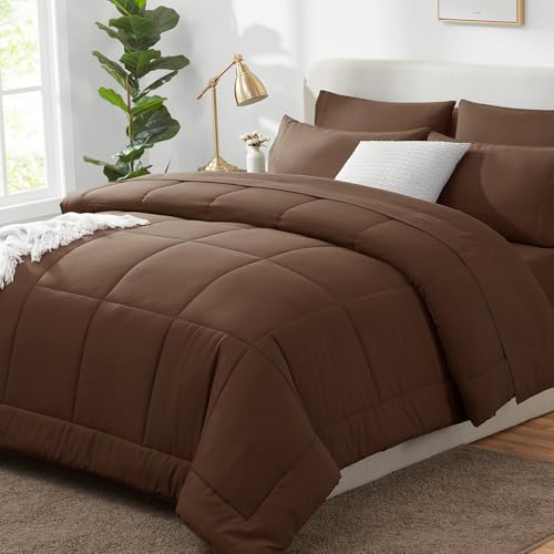 CozyLux Queen Comforter Set Brown - 7 Pieces Bed in a Bag | OEKO-TEX Certified, All-Season, Bedroom, Guest Room, Down-Alternative Comforter + Flat &amp; Fitted Sheets + 4 Pillowcases