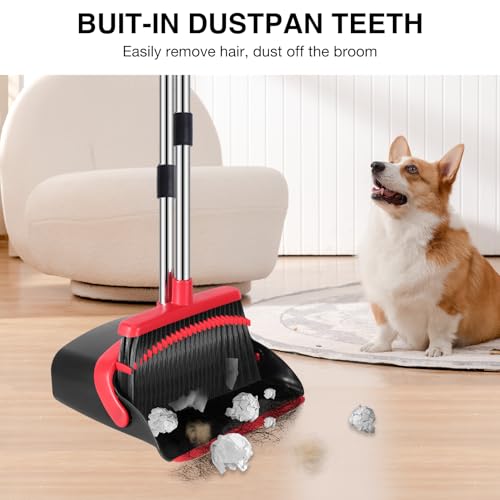 NACENA Broom and Dustpan Set, 52-in Long Adjustable Handle Broom Dustpan Combo with Dustpan Teeth to Automatically Clean Hair Suitable for Home Kitchen Office Hall Floor（Black&amp;Red）