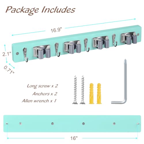 OUTNILI Turquoise Mop Broom Holder Wall Mount with 4 Slots &amp; 4 Hooks - Wood Broom Mop Hanger for Pantry Closet Laundry Room Organization - for Teal Kitchen Decor and Accessories