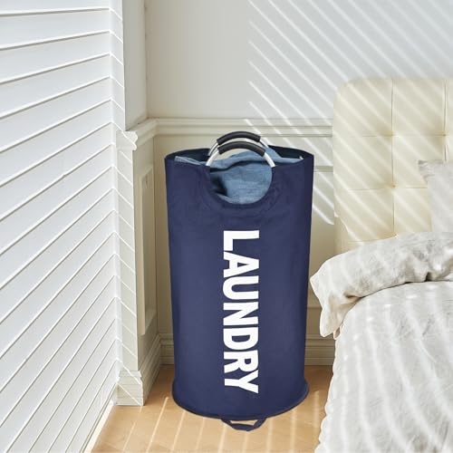 Maxsilan 90L Large Laundry Basket Bag, Collapsible Tall Hamper, Dark Blue | Freestanding tall laundry bag &amp; foldable washing basket. Large capacity clothes storage bin with durable sturdy handles
