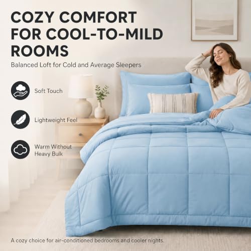 CozyLux Queen Comforter Set Baby Blue - 7 Pieces Bed in a Bag | OEKO-TEX Certified, All-Season, Bedroom, Guest Room, Down-Alternative Comforter + Flat &amp; Fitted Sheets + 4 Pillowcases