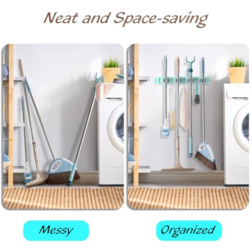 OUTNILI Turquoise Mop Broom Holder Wall Mount with 4 Slots &amp; 4 Hooks - Wood Broom Mop Hanger for Pantry Closet Laundry Room Organization - for Teal Kitchen Decor and Accessories