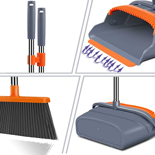 kelamayi Upgrade Broom and Dustpan Set, Self-Cleaning with Dustpan Teeth, Indoor&amp;Outdoor Sweeping, Ideal for Dog Cat Pets Home Use, Stand Up Broom and Dustpan (Gray&amp;Orange)