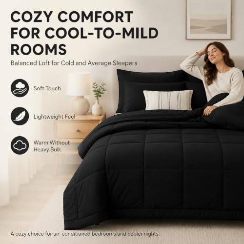 CozyLux Queen Comforter Set Black - 7 Pieces Bed in a Bag | OEKO-TEX Certified, All-Season, Bedroom, Guest Room, Down-Alternative Comforter + Flat &amp; Fitted Sheets + 4 Pillowcases