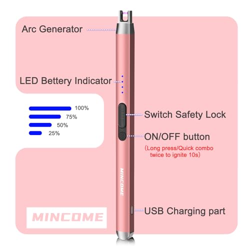 MINCOME Candle Lighter, Rechargeable Windproof Flameless Electric Lighter | Upgraded Plasma Arc Lighter with Safety Lock, LED Power Display,Safety Switch, for Candle,Grill,BBQ,Camping,Gas Stove