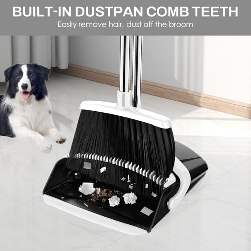 EZKEY Broom and Dustpan Set for Home, 51-in Long Adjustable Handle Angle Broom and Dustpan Combo Set with Dust Pan Teeth to Clean Hair for Home Kitchen Office Lobby Floor Garden (Black&amp;White)