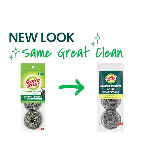 Scotch-Brite Stainless Steel Scrubbers, 3 Pack | Scouring Pads for Cleaning Tough Baked-On Messes, Metal Scrubbers for Cleaning Dishes, 3 Scrub Pads