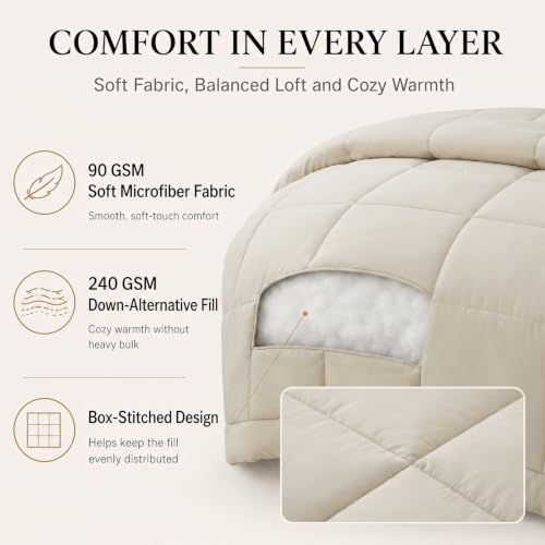 CozyLux Queen Comforter Set Beige - 7 Pieces Bed in a Bag | OEKO-TEX Certified, All-Season, Bedroom, Guest Room, Down-Alternative Comforter + Flat &amp; Fitted Sheets + 4 Pillowcases