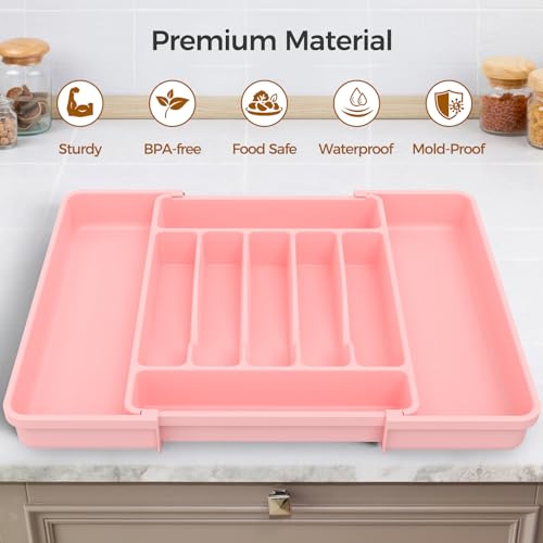 ukeetap Extra Large Expandable Silverware Organizer, Flatware Tray, Pink | BPA-Free Food-Safe Kitchen Utensil Cutlery Drawer Organizer, Adjustable Silverware Holder for Spoons Forks Knives
