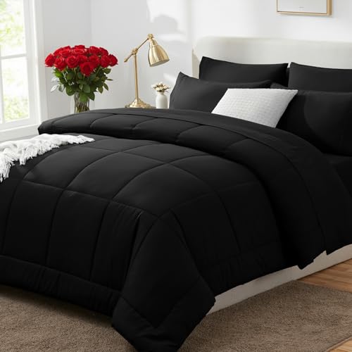 CozyLux Queen Comforter Set Black - 7 Pieces Bed in a Bag | OEKO-TEX Certified, All-Season, Bedroom, Guest Room, Down-Alternative Comforter + Flat &amp; Fitted Sheets + 4 Pillowcases