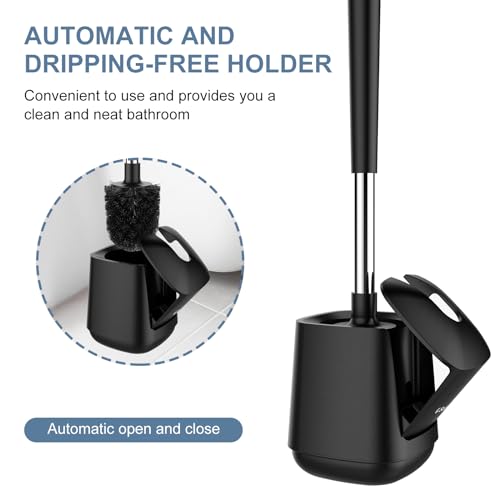 SetSail Toilet Brush and Holder, Self Closing Lid Toilet Bowl Brushes Holder and Extra Long Handle Ventilated Toilet Brush Set for Bathroom Cleaning, Nylon Bristles, Black