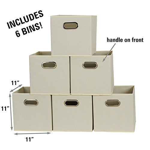 Fabric Storage Bins 6 Piece Set, Strong Poly-Woven Fabric, Sturdy Chipboard Sides, Grommet Front Handle, Stackable and Foldable, Classic Design, Cream