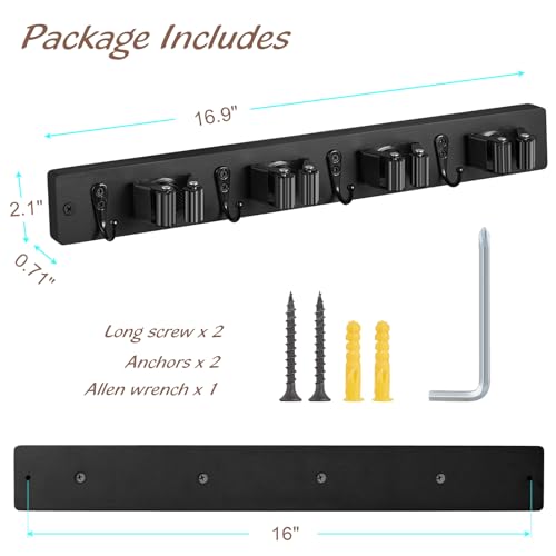OUTNILI Black Mop Broom Holder Wall Mount with 4 Slots &amp; 4 Hooks - Rustic Wood Broom Mop Hanger for Pantry Closet Laundry Room Organization - Heavy Duty Garden Tool Organizer - Black Kitchen Decor