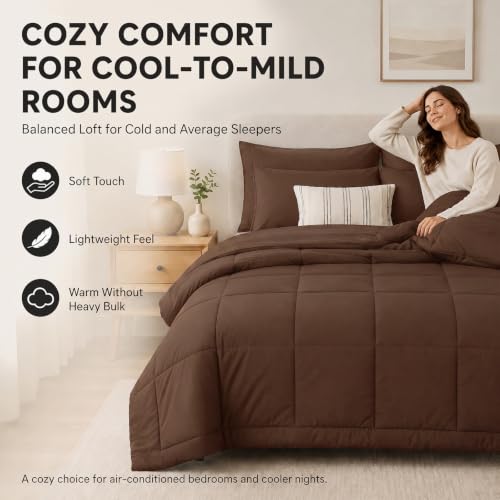 CozyLux Queen Comforter Set Brown - 7 Pieces Bed in a Bag | OEKO-TEX Certified, All-Season, Bedroom, Guest Room, Down-Alternative Comforter + Flat &amp; Fitted Sheets + 4 Pillowcases