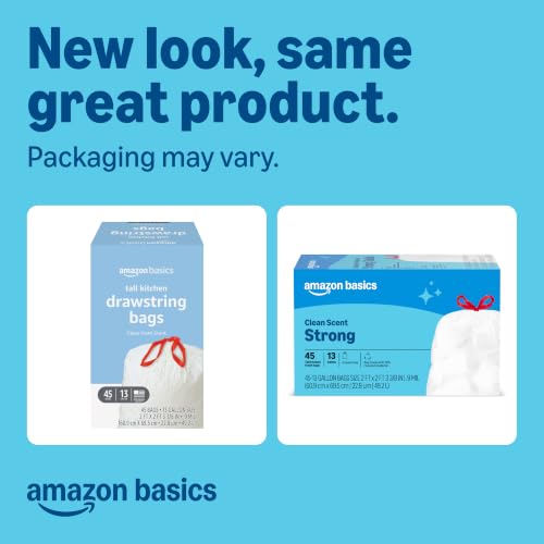 Amazon Basics Tall Kitchen Drawstring Trash Bags, Clean Scent, 13 Gallon, 45 Count, Packaging May Vary