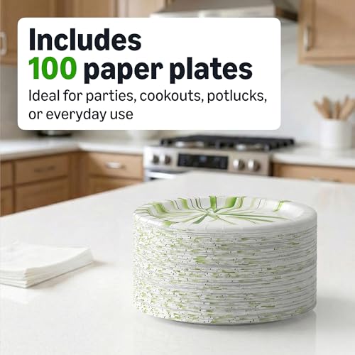 Amazon Basics Everyday Disposable Paper Plates, 8.62 Inch, Microwave-Safe, Cut Resistant, Soak-Proof, 100 Count, Packaging May Vary