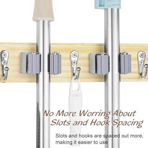 OUTNILI Mop and Broom Holder Wall Mount - Light Wood Broom Mop Hanger - Wall Mounted Garden Tool Rack Organizer for Closet Garage Laundry Room Kitchen With 4 Slots &amp; 4 Hooks