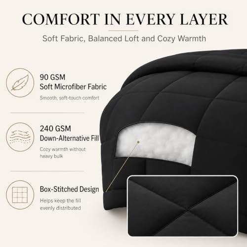 CozyLux Queen Comforter Set Black - 7 Pieces Bed in a Bag | OEKO-TEX Certified, All-Season, Bedroom, Guest Room, Down-Alternative Comforter + Flat &amp; Fitted Sheets + 4 Pillowcases