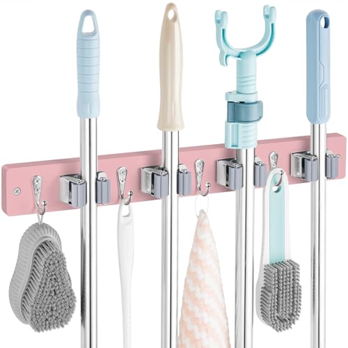 OUTNILI Pink Mop Broom Holder Wall Mount with 4 Slots &amp; 4 Hooks - Wood Broom Mop Hanger for Pantry Closet Laundry Room Kitchen Organization - for Pink Kitchen Decor and Accessories