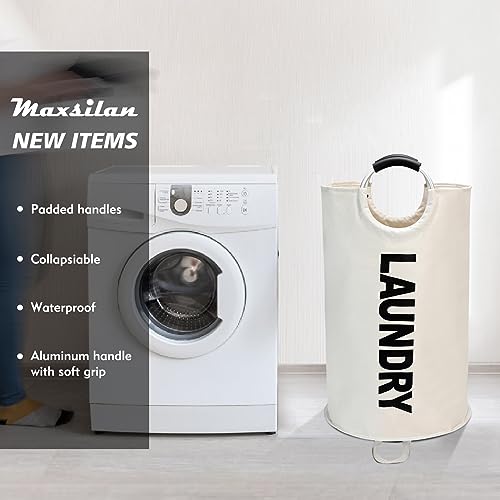 Maxsilan 90L Large Laundry Basket Bag, Collapsible Tall Hamper, Beige | Freestanding tall laundry bag &amp; foldable washing basket. Large capacity clothes storage bin with durable sturdy handles