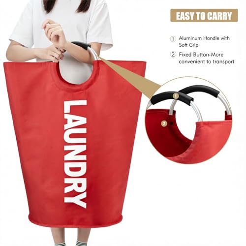 Maxsilan 90L Large Laundry Basket Bag, Collapsible Tall Hamper, Red | Freestanding tall laundry bag &amp; foldable washing basket. Extra large clothes storage bin with durable sturdy handles