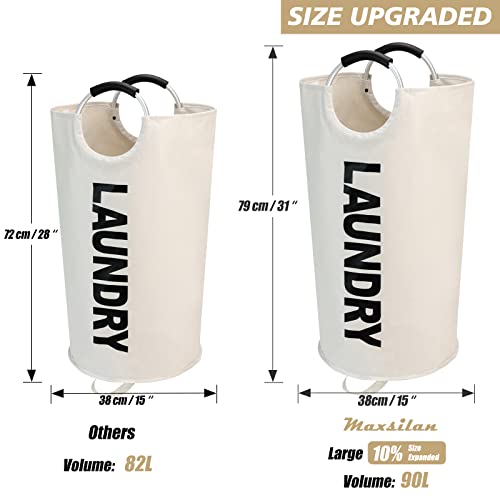 Maxsilan 90L Large Laundry Basket Bag, Collapsible Tall Hamper, Beige | Freestanding tall laundry bag &amp; foldable washing basket. Large capacity clothes storage bin with durable sturdy handles