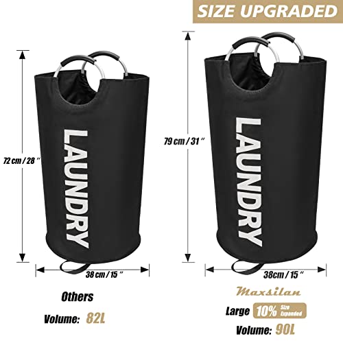 Maxsilan 90L Large Laundry Basket Bag, Collapsible Tall Hamper, Black | Freestanding tall laundry bag &amp; foldable washing basket. Large capacity clothes storage bin with durable sturdy handles