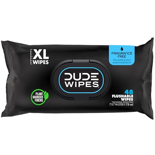 DUDE Wipes Unscented Adult Flushable Wet Wipes, Sensitive Skin, 48 Count | 99% water, extra large flushable butt wipes. Fragrance free, hypoallergenic, vitamin E and aloe. Septic safe. 1 pack of 48.