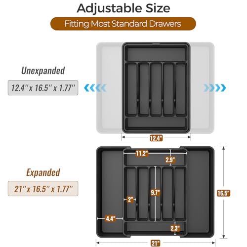 ukeetap Extra Large Expandable Silverware Organizer, Flatware Tray, Black | BPA-Free Food-Safe Kitchen Utensil Cutlery Drawer Organizer, Adjustable Silverware Holder for Spoons Forks Knives