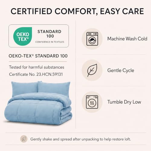 CozyLux Queen Comforter Set Baby Blue - 7 Pieces Bed in a Bag | OEKO-TEX Certified, All-Season, Bedroom, Guest Room, Down-Alternative Comforter + Flat &amp; Fitted Sheets + 4 Pillowcases