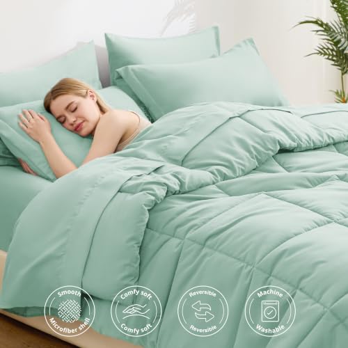 Love's cabin Queen Comforter Set, 7 Pieces Bed in a Bag, Aqua | OEKO-TEX Certified, All-Season, 1 Down-Alternative Comforter + 1 Flat &amp; Fitted Sheets + 2 Pillowcases + 2 Pillow Shams