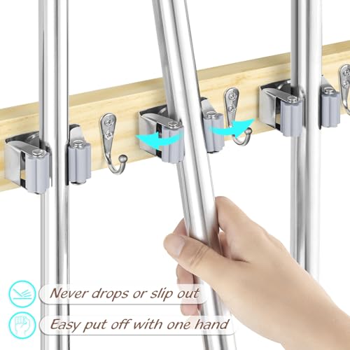 OUTNILI Mop and Broom Holder Wall Mount - Light Wood Broom Mop Hanger - Wall Mounted Garden Tool Rack Organizer for Closet Garage Laundry Room Kitchen With 4 Slots &amp; 4 Hooks