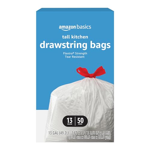 Amazon Basics Flextra Tall Kitchen Drawstring Trash Bags, 13 Gallon, 50 Count, Tear-Resistant, Unscented