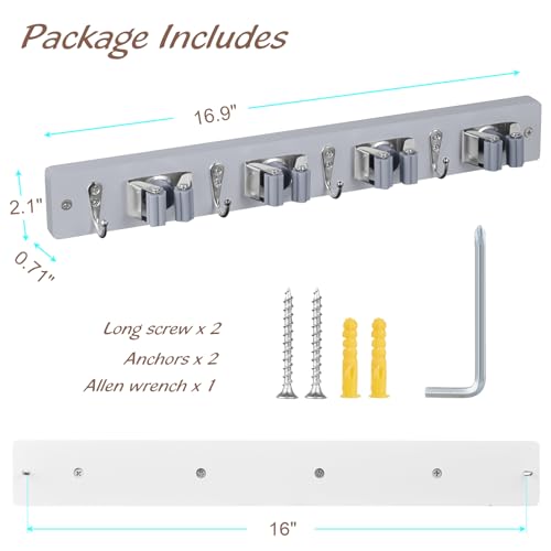 OUTNILI Gray Mop Broom Holder Wall Mount with 4 Slots &amp; 4 Hooks - Wood Broom Mop Hanger for Pantry Closet Laundry Room Organization - Heavy Duty Garden Tool Organizer