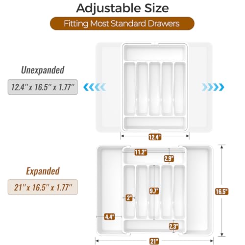 ukeetap Extra Large Expandable Silverware Organizer, Flatware Tray,White | BPA-Free Food-Safe Kitchen Utensil Cutlery Drawer Organizer, Adjustable Silverware Holder for Spoons Forks Knives