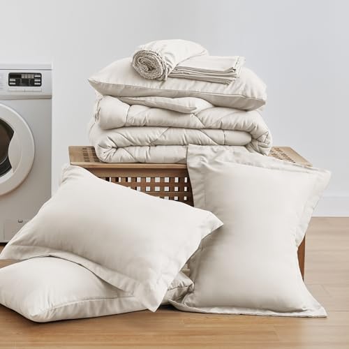 Love's cabin Queen Comforter Set, 7 Pieces Bed in a Bag, Beige | OEKO-TEX Certified, All-Season, 1 Down-Alternative Comforter + 1 Flat &amp; Fitted Sheets + 2 Pillowcases + 2 Pillow Shams