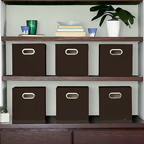 Household Essentials Fabric Storage Bins in Strong Poly‑Woven Fabric with Sturdy Chipboard Sides, and Grommet Front Handle, Brown, Set of 6