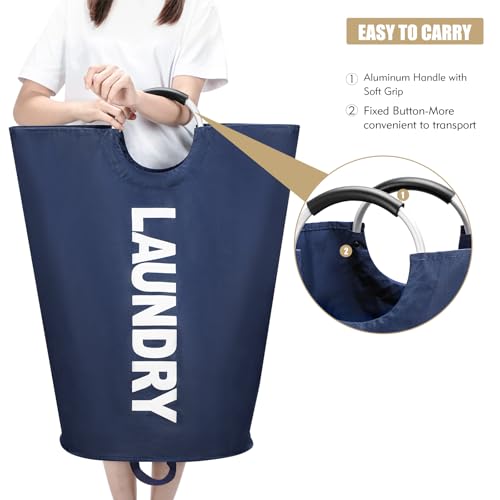 Maxsilan 90L Large Laundry Basket Bag, Collapsible Tall Hamper, Dark Blue | Freestanding tall laundry bag &amp; foldable washing basket. Large capacity clothes storage bin with durable sturdy handles