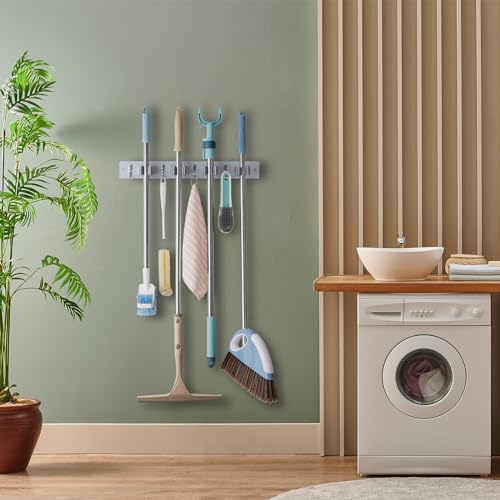 OUTNILI Gray Mop Broom Holder Wall Mount with 4 Slots &amp; 4 Hooks - Wood Broom Mop Hanger for Pantry Closet Laundry Room Organization - Heavy Duty Garden Tool Organizer