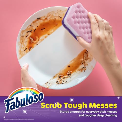 Fabuloso Scratch-Free Kitchen Dish Sponges, Purple, 4 Count | Cellulose scrubber with scouring pad tackles tough messes on dishes, pots, pans, and counters