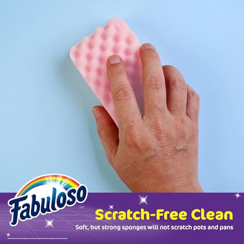 Fabuloso Scratch-Free Kitchen Dish Sponges, Purple, 4 Count | Cellulose scrubber with scouring pad tackles tough messes on dishes, pots, pans, and counters