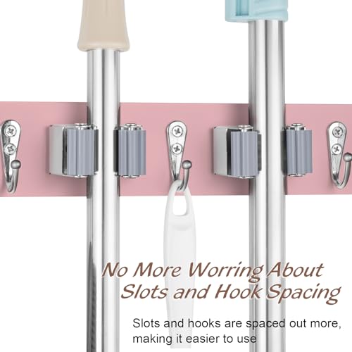 OUTNILI Pink Mop Broom Holder Wall Mount with 4 Slots &amp; 4 Hooks - Wood Broom Mop Hanger for Pantry Closet Laundry Room Kitchen Organization - for Pink Kitchen Decor and Accessories