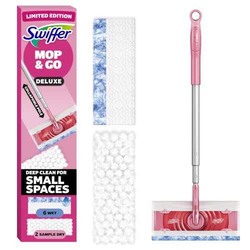 Swiffer Sweep and Mop Deluxe, Limited Edition Pink, 2-in-1 Floor Mopping and Sweeping Kit, Multi-Surface Kit for Floor Cleaning, Includes 1 Sweeper, 5 Heavy Duty Dry Cloths, 3 Heavy Duty Wet Cloths